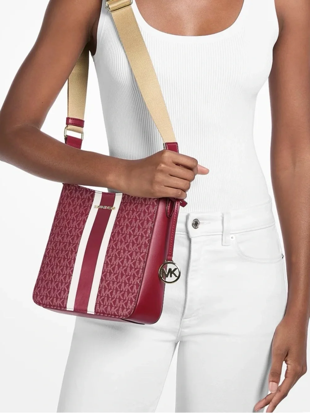 NWT Michael Kors Jet Set Small Signature Logo Stripe Crossbody in Cherry 🍒 - Picture 4 of 5